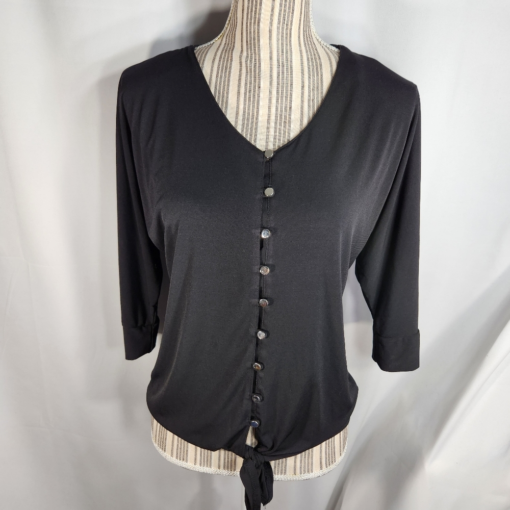 Notations Black Button Down 3/4 Sleeve Tie Front Hem Top Size PS